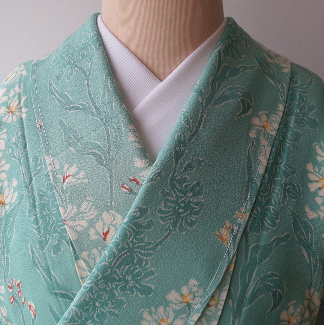 袷】花緑青地 花文 小紋 | 大山キモノ・ちぇらうなぼるた