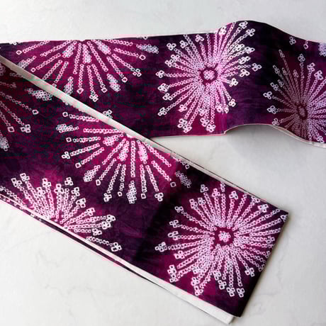 【半幅帯】中紅×葡萄色　花文　手絞り半幅帯　No.240821⑩