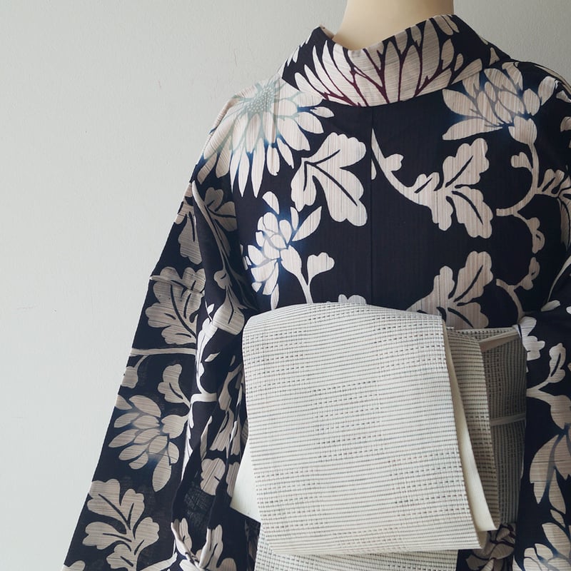 半幅帯】生成り地に丁字染色×海松茶色×岩井茶色 市松織り柄 麻