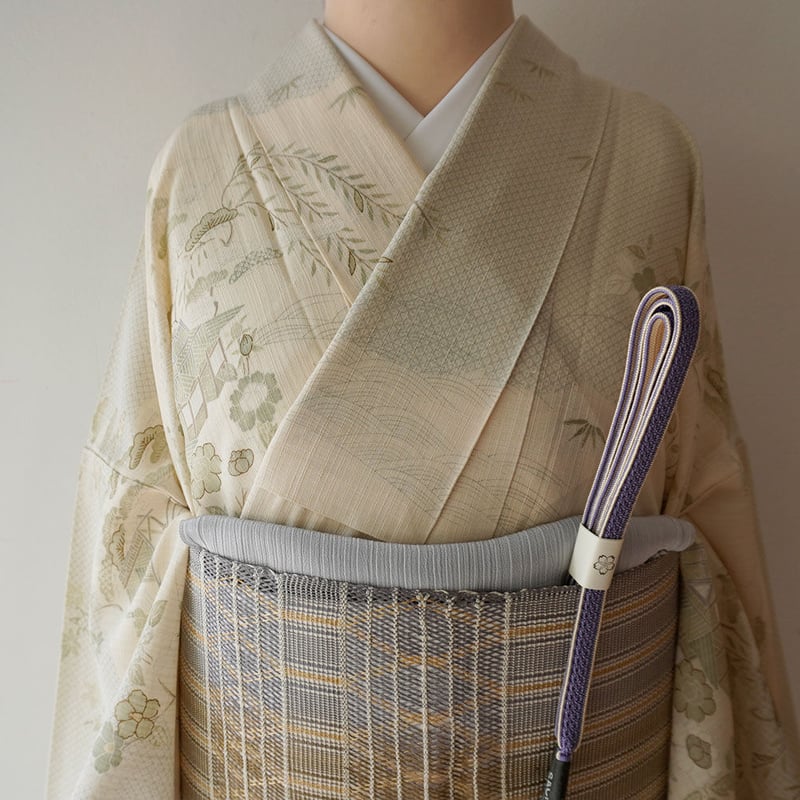 夏なごや帯】生成りに水色や茶系 縞文に横段 羅なごや帯 | 大山キモノ 