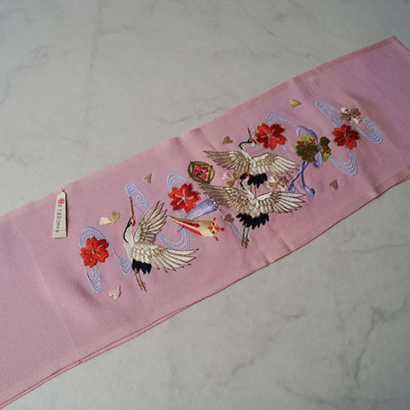 半衿】ピンク地 鶴に桜文 刺繍半衿 №220309Ⓓ | 大山キモノ・ち
