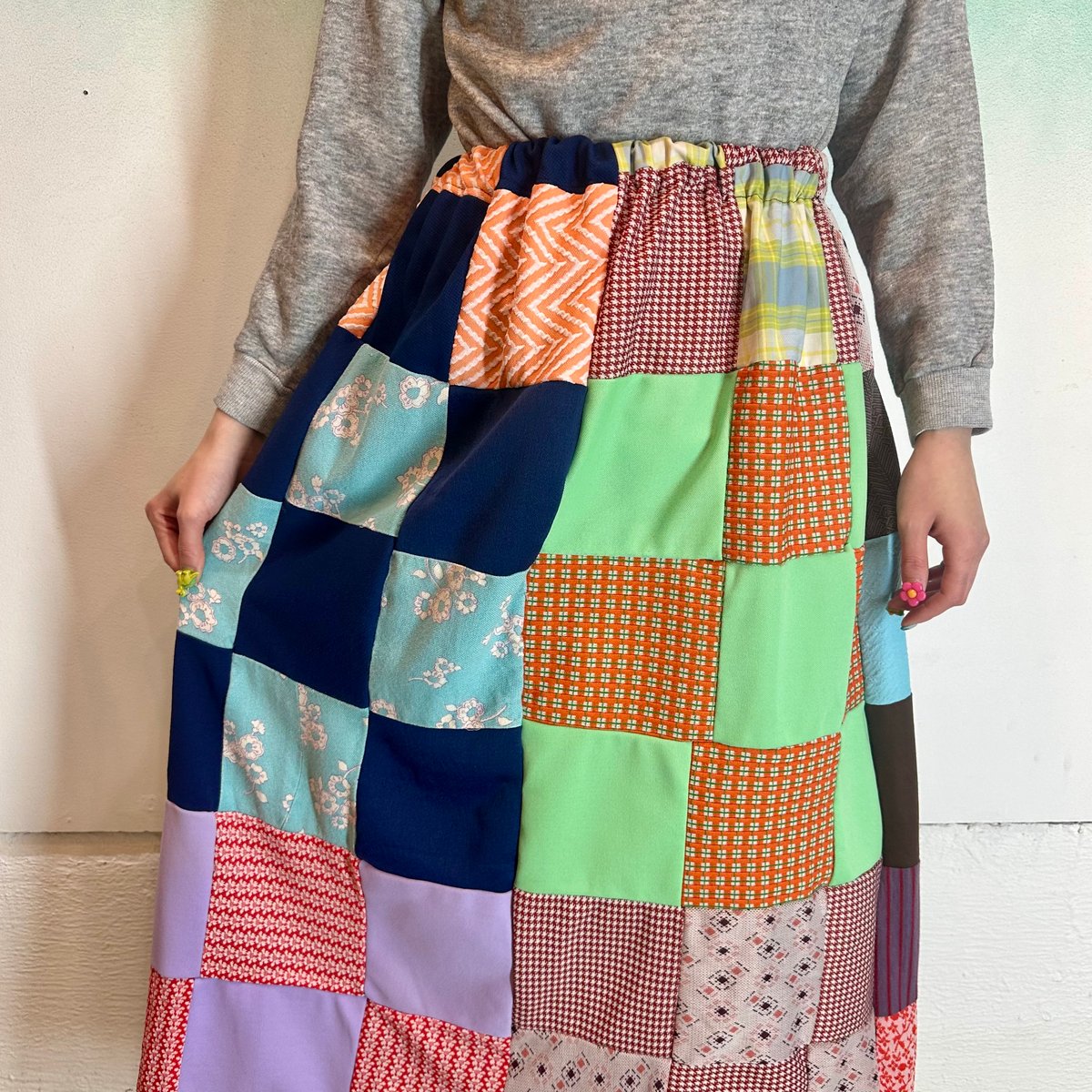 70sパッチワーク風キルティングロングスカート vintage /キルティング