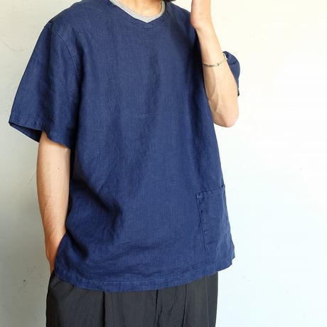 SUNSHINE＋CLOUD(サンシャインプラスクラウド)　　  Linen V Neck T-Shirt　　　Navy