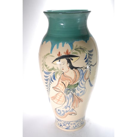 大津絵手描き花瓶長　 （信楽焼・花瓶・花入れ・花器・壺・壷・水盤・フラワーポット・フラワーベース・YZ-046）