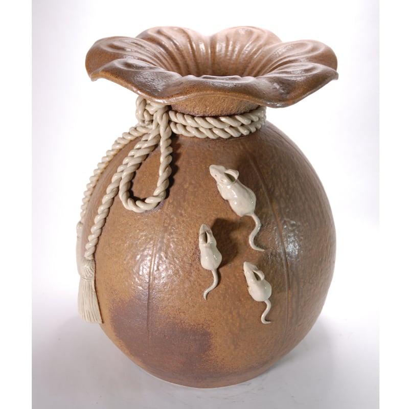 志がらき焼 ネズミ付き壺 花瓶 宝物袋 縁起物 金運