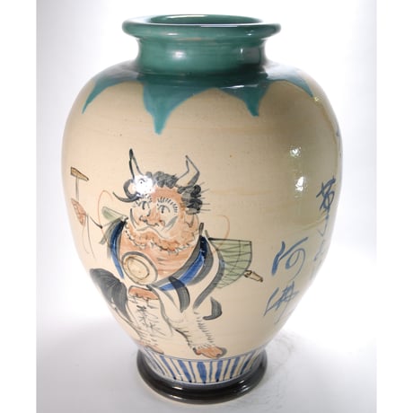 大津絵手描き花瓶 （信楽焼・花瓶・花入れ・花器・壺・壷・水盤