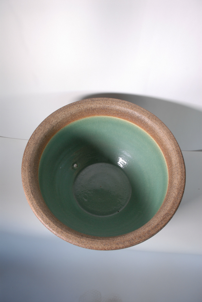 値下げ！陶器製水鉢 茶色と緑色 直径約40cm 窯肌ケズリ鈴型水鉢 16号 （信楽焼き・陶器・水鉢・めだか鉢・メダカ鉢