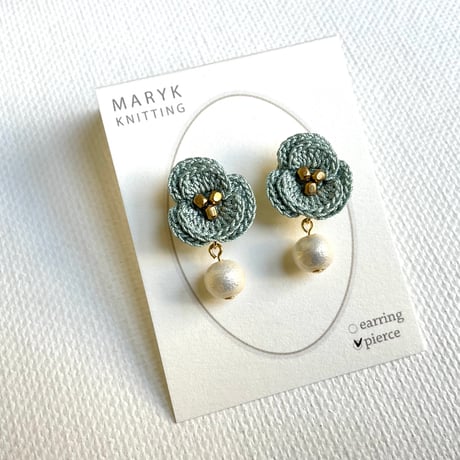 【ご予約品】小さなバラとコットンパール(灰ミント)ピアス