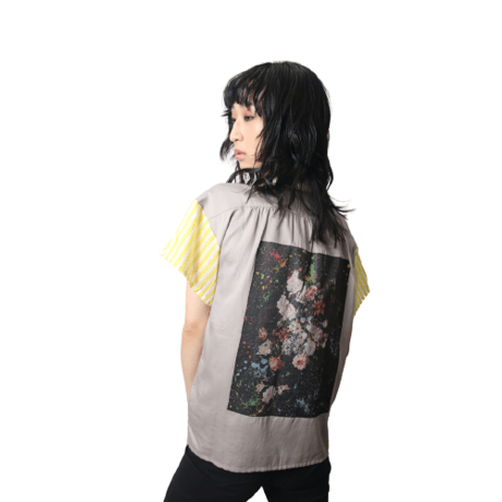 「レコードワッペン花刺繍背中プリントレディース開襟シャツ」アッシュ F WATERFALLオリジナル