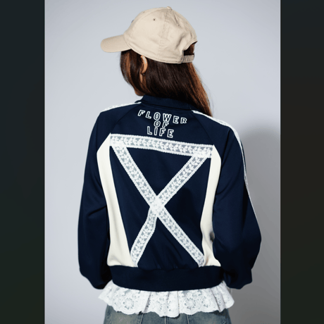 「レコードワッペン花刺繍レースレディースジャージトップス」ネイビー　S / M　WATERFALL