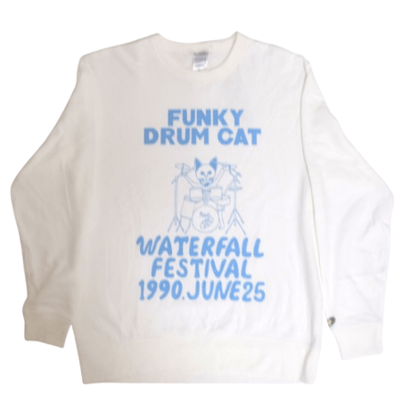 「猫ドラム」レコードワッペン猫ツアースウェット  ホワイト M/L/XL WATERFALLオリジナル商品