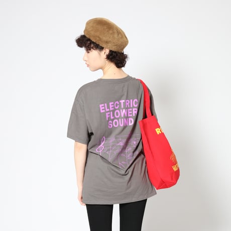 「レコードワッペン半袖Tシャツ（ELECTRIC FLOWER）」チャコール S/M/L　夏新作 WATERFALL