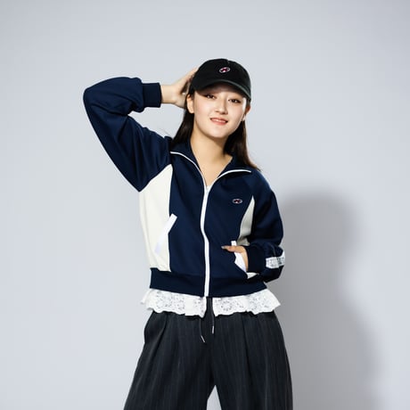 「レコードワッペン花刺繍レースレディースジャージトップス」ネイビー　S / M　WATERFALL
