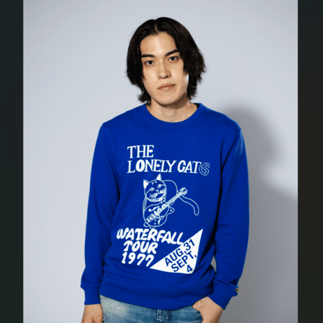 「猫バンド」レコードワッペン猫ツアースウェット  ブルー M/L/XL WATERFALLオリジナル商品