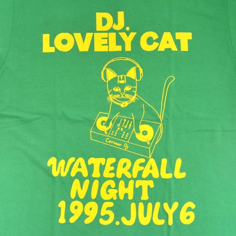 「DJ猫」レコードワッペン猫ツアーTシャツ 　グリーン　S/M/L　WATERFALLオリジナル限定商品
