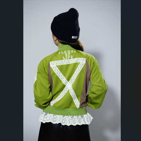 「レコードワッペン花刺繍レースレディースジャージトップス」アッシュグリーン S/M WATERFALL