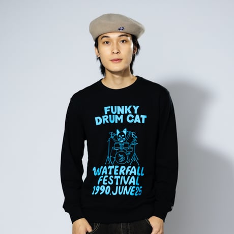 「猫ドラム」レコードワッペン猫ツアースウェット  ブラック M/L/XL WATERFALLオリジナル商品
