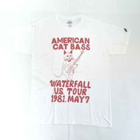 「猫ベース」レコードワッペン猫ツアーTシャツ 　ホワイト S/M/L WATERFALLオリジナル限定商品