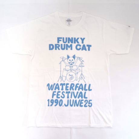 「猫ドラム」レコードワッペン猫ツアーTシャツ 　ホワイト S/M/L WATERFALLオリジナル限定商品