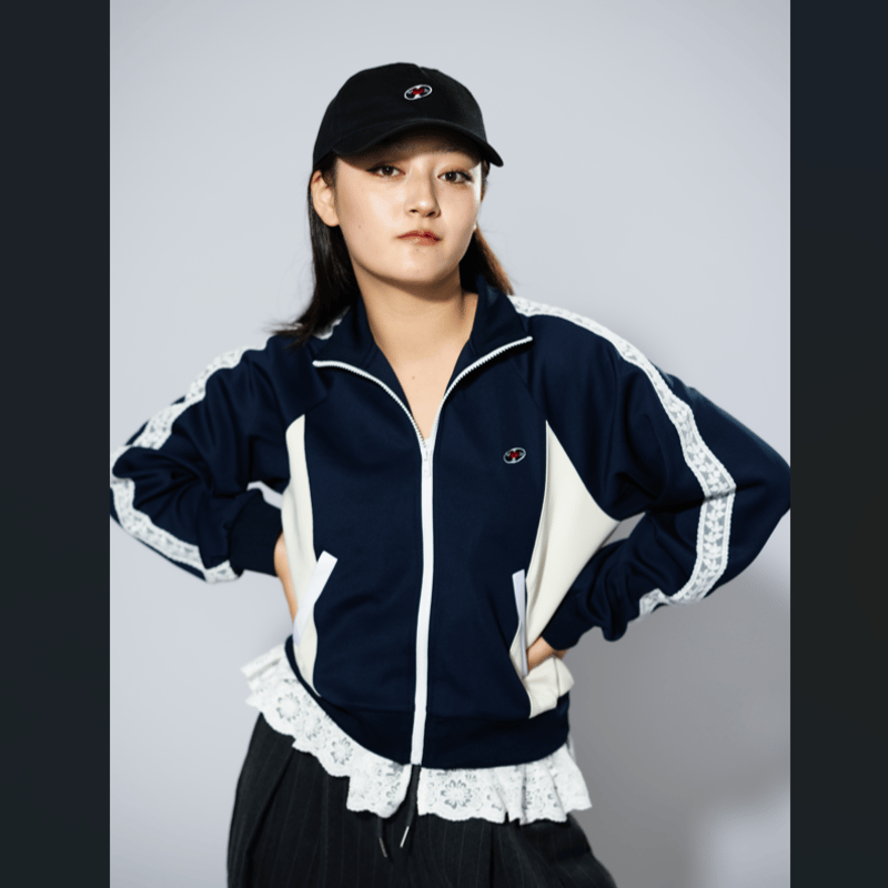 レコードワッペン花刺繍レースレディースジャージトップス」ネイビー S