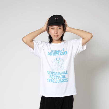 「猫ドラム」レコードワッペン猫ツアーTシャツ 　ホワイト S/M/L WATERFALLオリジナル限定商品