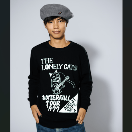 「猫バンド」レコードワッペン猫ツアースウェット  ブラック M/L/XL WATERFALLオリジナル商品