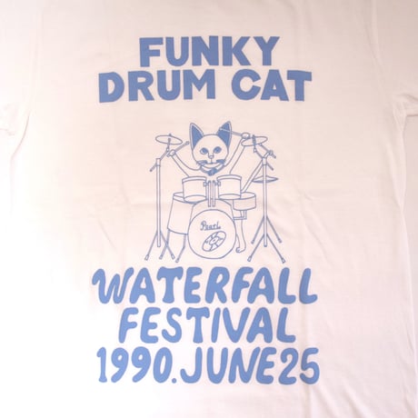 「猫ドラム」レコードワッペン猫ツアーTシャツ 　ホワイト S/M/L WATERFALLオリジナル限定商品