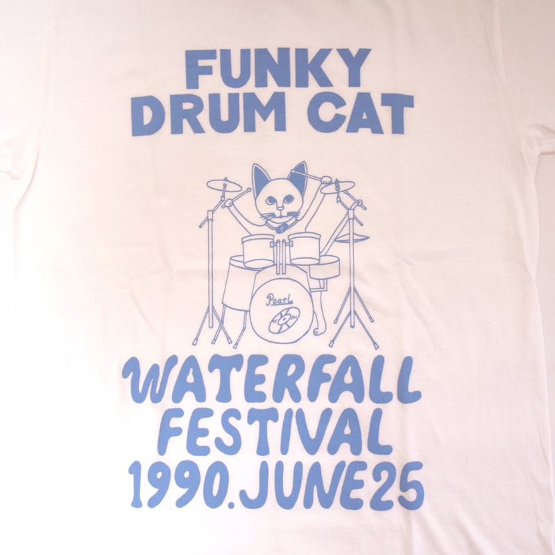 猫ドラム」レコードワッペン猫ツアーTシャツ ホワイト S/M/L WATERFALL