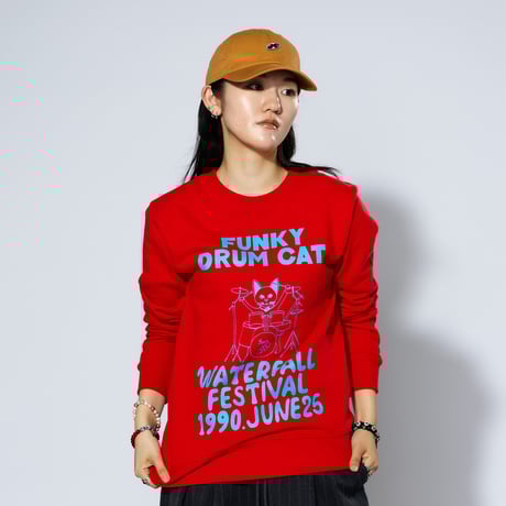 「猫ドラム」レコードワッペン猫ツアースウェット  レッド M/L/XL WATERFALLオリジナル商品