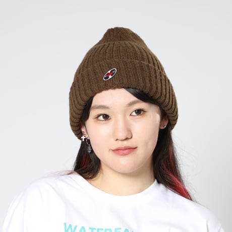 「レコードワッペン2wayニット帽」カーキ　F　2023AW新作　WATERFALL　ユニセックス