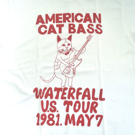 「猫ベース」レコードワッペン猫ツアーTシャツ 　ホワイト S/M/L WATERFALLオリジナル限定商品