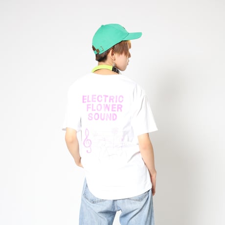 「レコードワッペン半袖Tシャツ（ELECTRIC FLOWER）」 ホワイト S/M/L　夏新作　WATERFALL