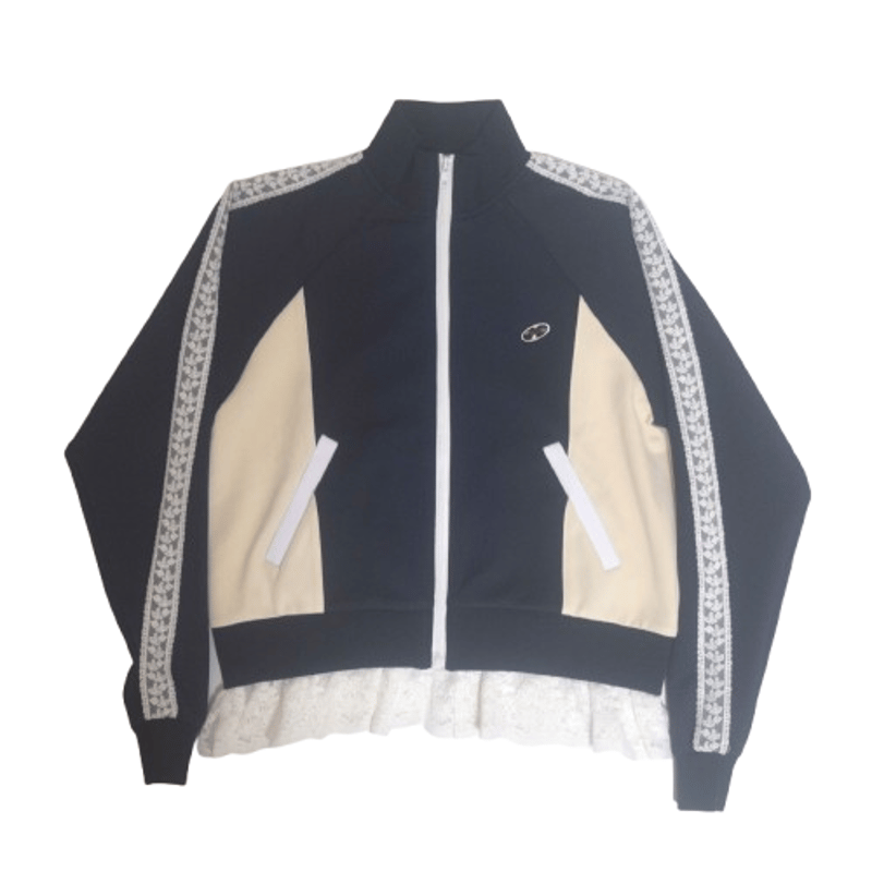 レコードワッペン花刺繍レースレディースジャージトップス」ネイビー S