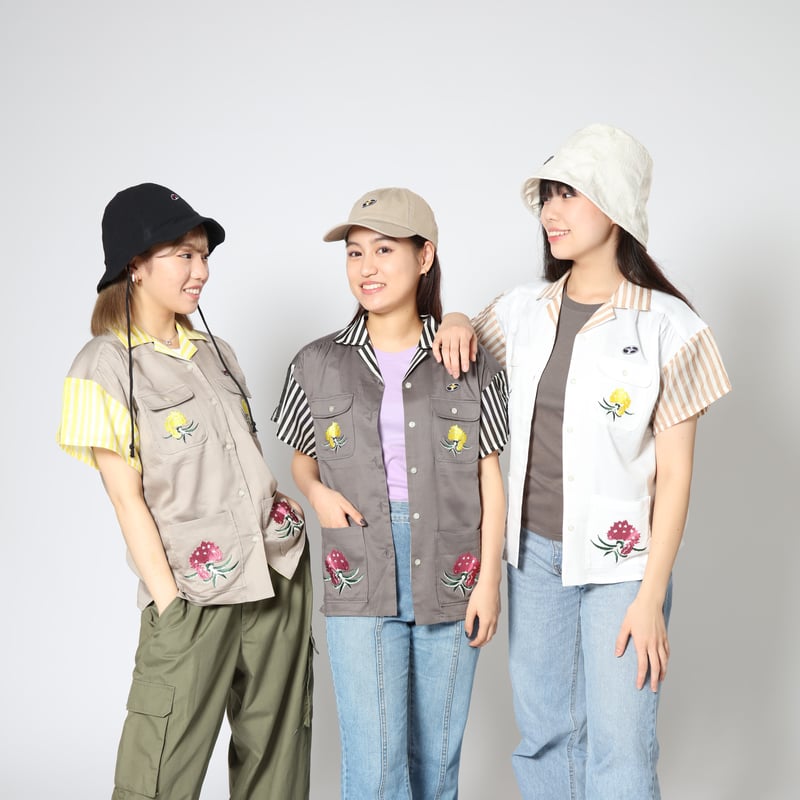 レコードワッペン花刺繍背中プリントレディース開襟シャツ」アッシュ F
