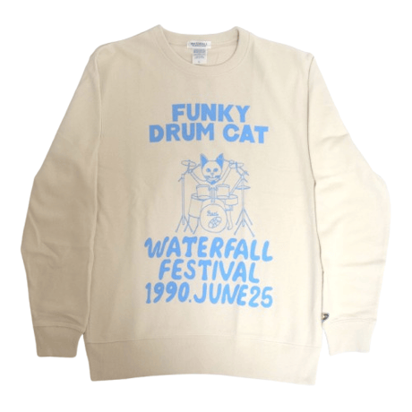 「猫ドラム」レコードワッペン猫ツアースウェット  ベージュ M/L/XL WATERFALLオリジナル商品