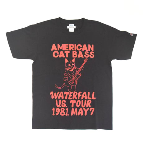 「猫ベース」レコードワッペン猫ツアーTシャツ 　ブラック S/M/L WATERFALLオリジナル限定商品