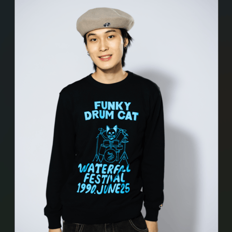 「猫ドラム」レコードワッペン猫ツアースウェット  ブラック M/L/XL WATERFALLオリジナル商品