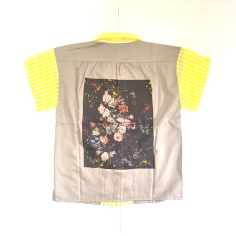 「レコードワッペン花刺繍背中プリントレディース開襟シャツ」アッシュ F WATERFALLオリジナル