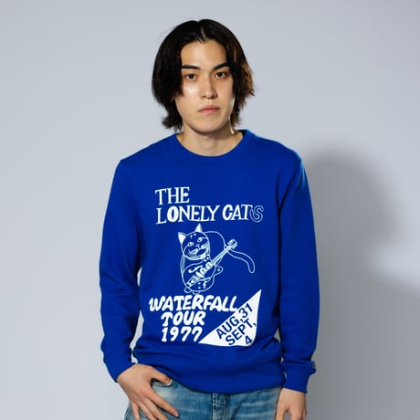「猫バンド」レコードワッペン猫ツアースウェット  ブルー M/L/XL WATERFALLオリジナル商品