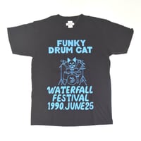 「猫ドラム」レコードワッペン猫ツアーTシャツ 　ブラック S/M/L WATERFALLオリジナル限定商品