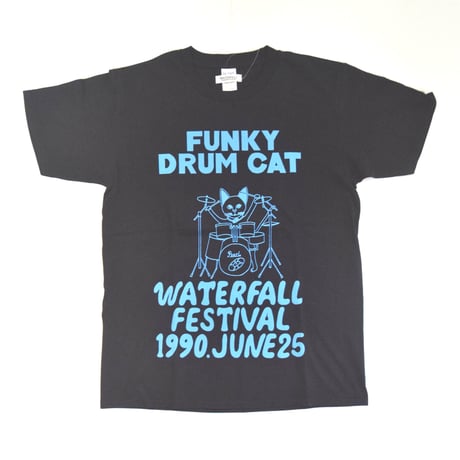 「猫ドラム」レコードワッペン猫ツアーTシャツ 　ブラック S/M/L WATERFALLオリジナル限定商品
