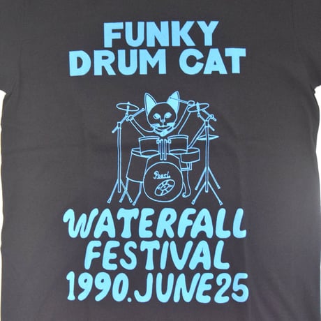 「猫ドラム」レコードワッペン猫ツアーTシャツ 　ブラック S/M/L WATERFALLオリジナル限定商品