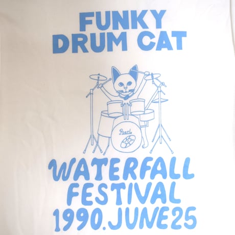 「猫ドラム」レコードワッペン猫ツアースウェット  ホワイト M/L/XL WATERFALLオリジナル商品