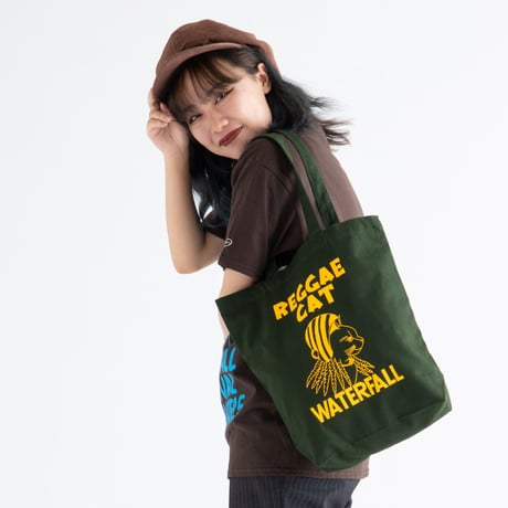 「猫レゲエ」猫ツアートートバック レコードバッグ  モスグリーン　F　 WATERFALLオリジナル商品