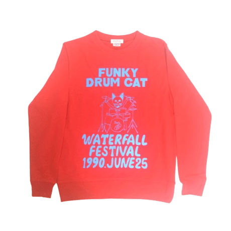「猫ドラム」レコードワッペン猫ツアースウェット  レッド M/L/XL WATERFALLオリジナル商品