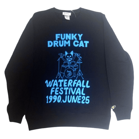 「猫ドラム」レコードワッペン猫ツアースウェット  ブラック M/L/XL WATERFALLオリジナル商品