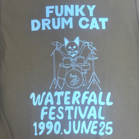 「猫ドラム」レコードワッペン猫ツアースウェット  カーキ M/L/XL WATERFALLオリジナル