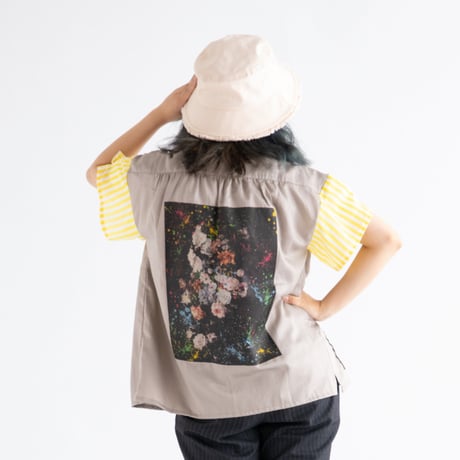 「レコードワッペン花刺繍背中プリントレディース開襟シャツ」アッシュ F WATERFALLオリジナル
