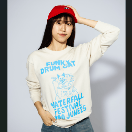 「猫ドラム」レコードワッペン猫ツアースウェット  ベージュ M/L/XL WATERFALLオリジナル商品