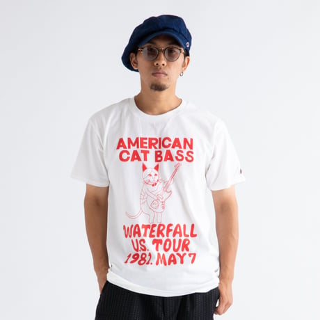 「猫ベース」レコードワッペン猫ツアーTシャツ 　ホワイト S/M/L WATERFALLオリジナル限定商品